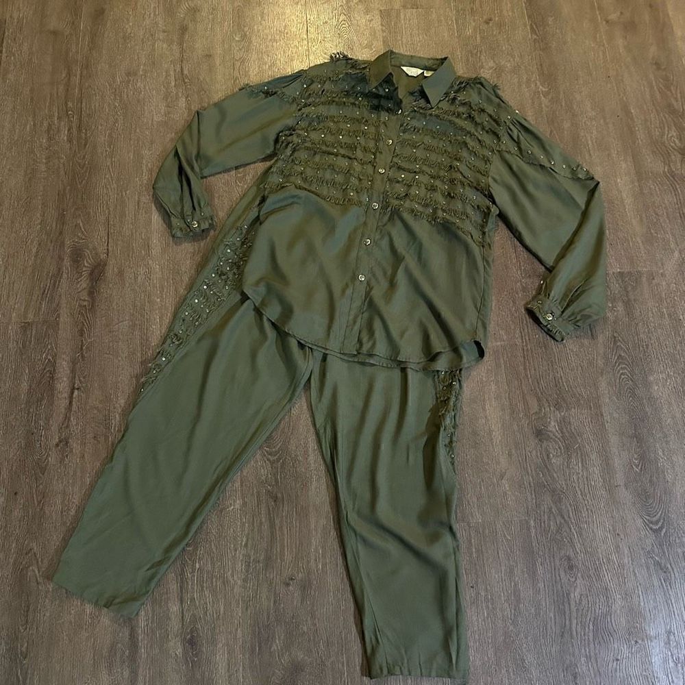 Vtg Giallo Napol Women’s Green Rayon Outfit Set Fringe Pearl Studs Relaxed Fit M
